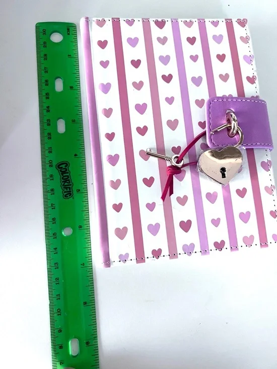 Notebook Journal Diary with Heart Lock & Key Pink Hearts & Stripes on White. - Picture 12 of 15